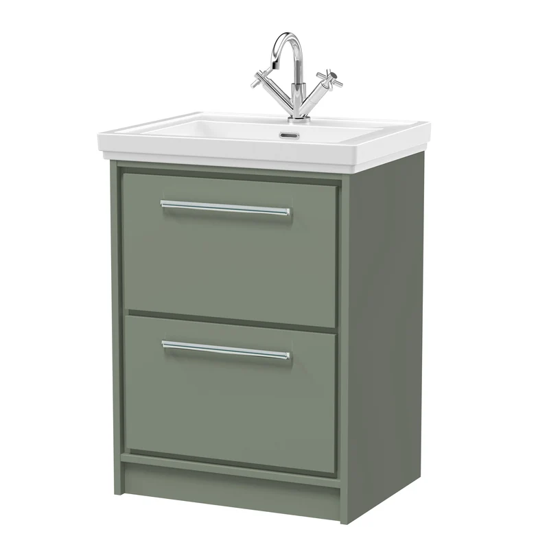 Lille 600mm Floor Standing 2 Drawer Vanity Unit & Traditional Fireclay Basin With 1 Tap Hole - Fern Green Matt