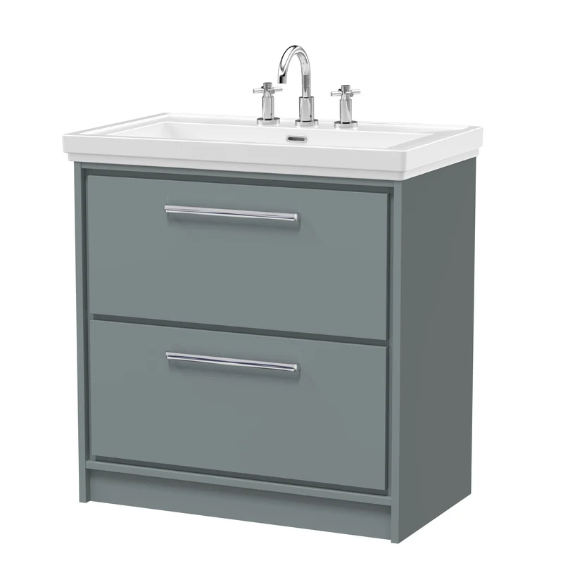 Lille 800mm Floor Standing 2 Drawer Vanity Unit & Traditional Fireclay Basin With 3 Tap Holes - Coastal Grey Matt