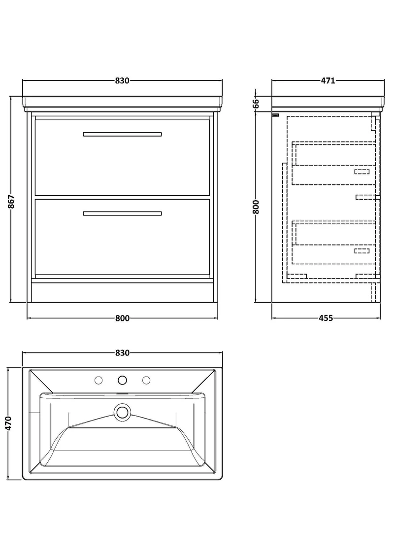 Lille 800mm Floor Standing 2 Drawer Vanity Unit & Traditional Fireclay Basin With 3 Tap Holes - Coastal Grey Matt