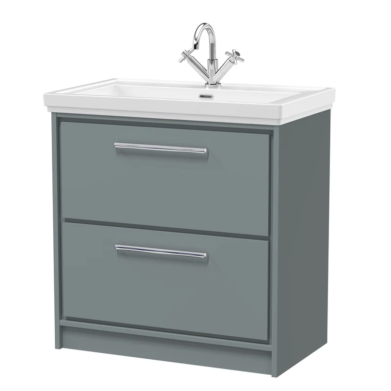 Lille 800mm Floor Standing 2 Drawer Vanity Unit & Traditional Fireclay Basin With 1 Tap Hole - Coastal Grey Matt