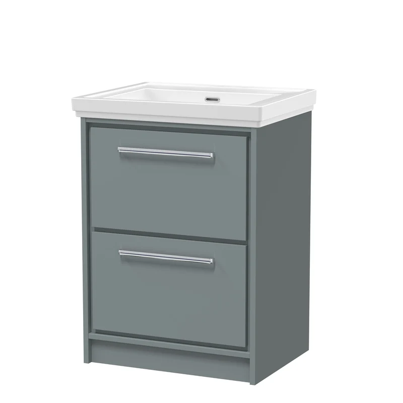 Lille 600mm Floor Standing 2 Drawer Vanity Unit & Traditional Fireclay Basin With No Tap Holes - Coastal Grey Matt