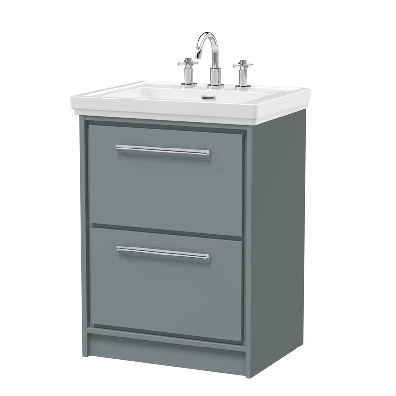 Lille 600mm Floor Standing 2 Drawer Vanity Unit & Traditional Fireclay Basin With 3 Tap Holes - Coastal Grey Matt