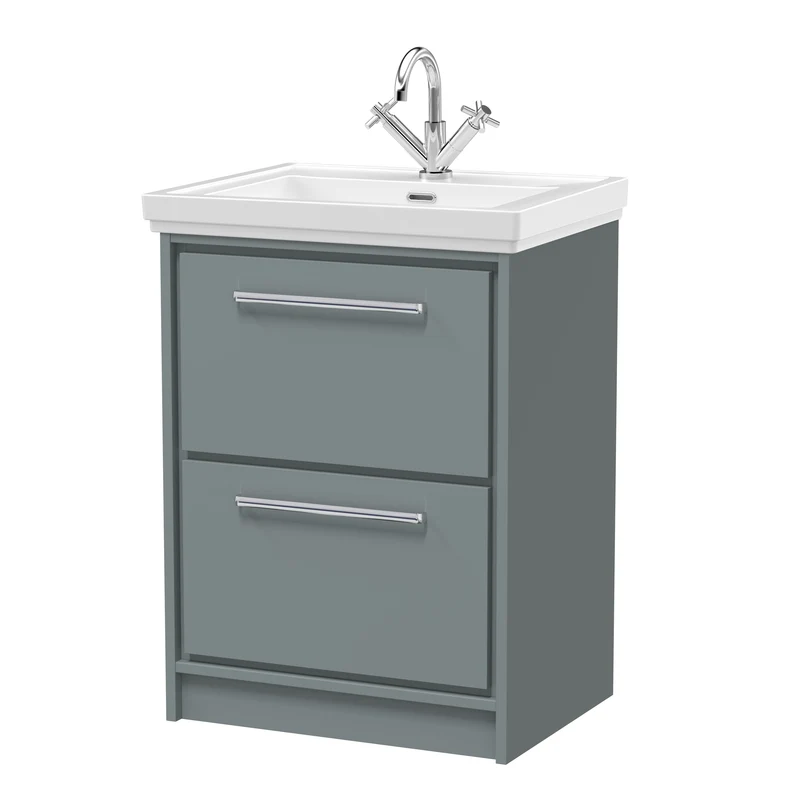 Lille 600mm Floor Standing 2 Drawer Vanity Unit & Traditional Fireclay Basin With 1 Tap Hole - Coastal Grey Matt