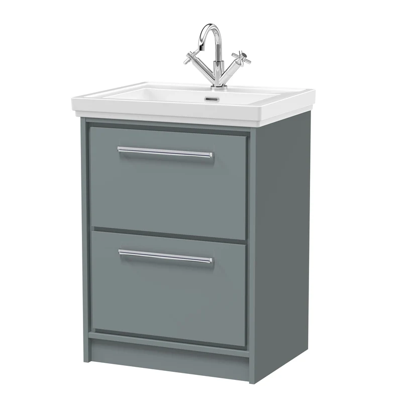 Lille 600mm Floor Standing 2 Drawer Vanity Unit & Traditional Fireclay Basin With 1 Tap Hole - Coastal Grey Matt