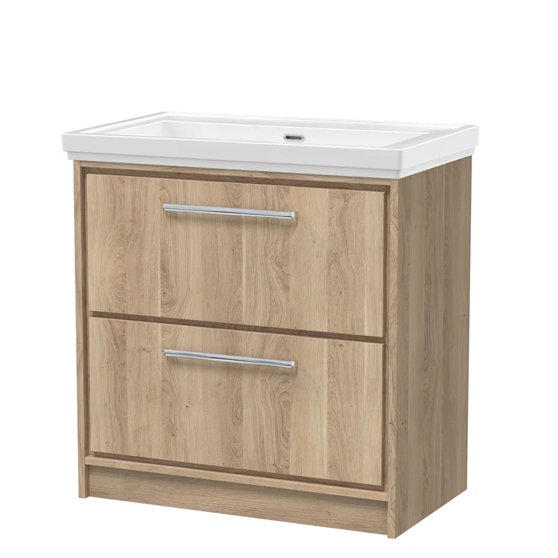 Lille 800mm Floor Standing 2 Drawer Vanity Unit & Traditional Fireclay Basin With No Tap Holes - Bleached Oak Woodgrain