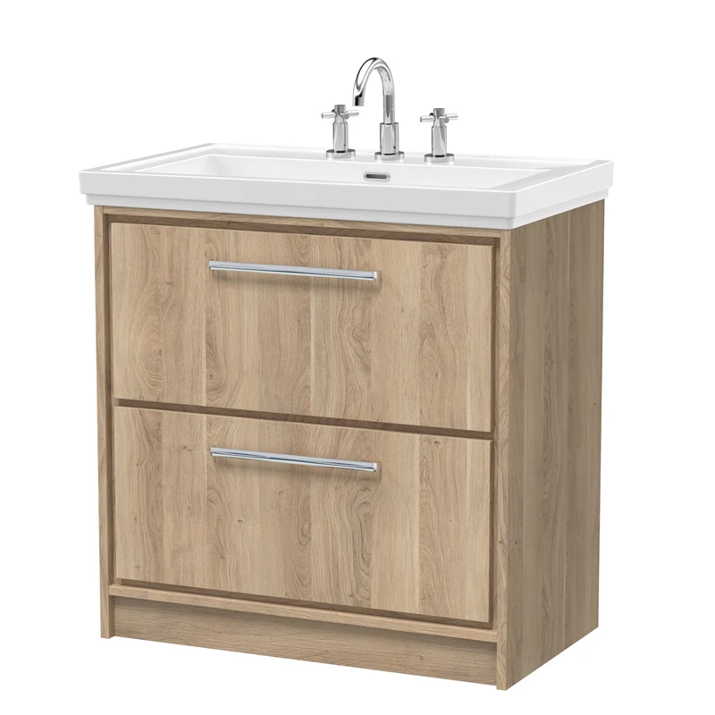 Lille 800mm Floor Standing 2 Drawer Vanity Unit & Traditional Fireclay Basin With 3 Tap Holes - Bleached Oak Woodgrain