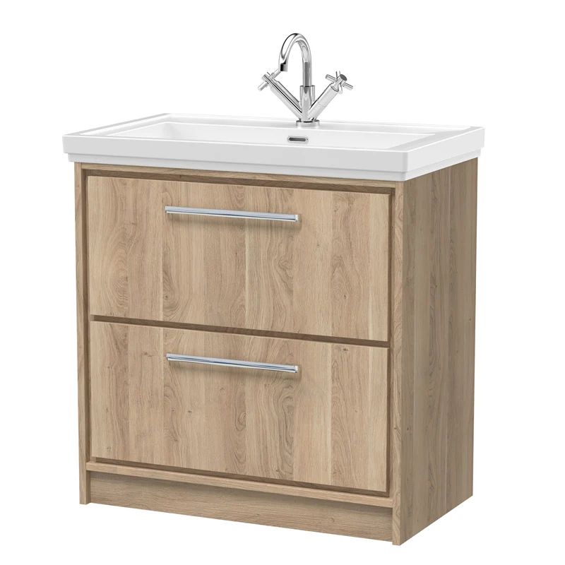 Lille 800mm Floor Standing 2 Drawer Vanity Unit & Traditional Fireclay Basin With 1 Tap Hole - Bleached Oak Woodgrain
