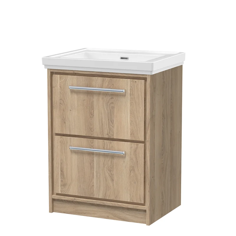 Lille 600mm Floor Standing 2 Drawer Vanity Unit & Traditional Fireclay Basin With No Tap Holes - Bleached Oak Woodgrain