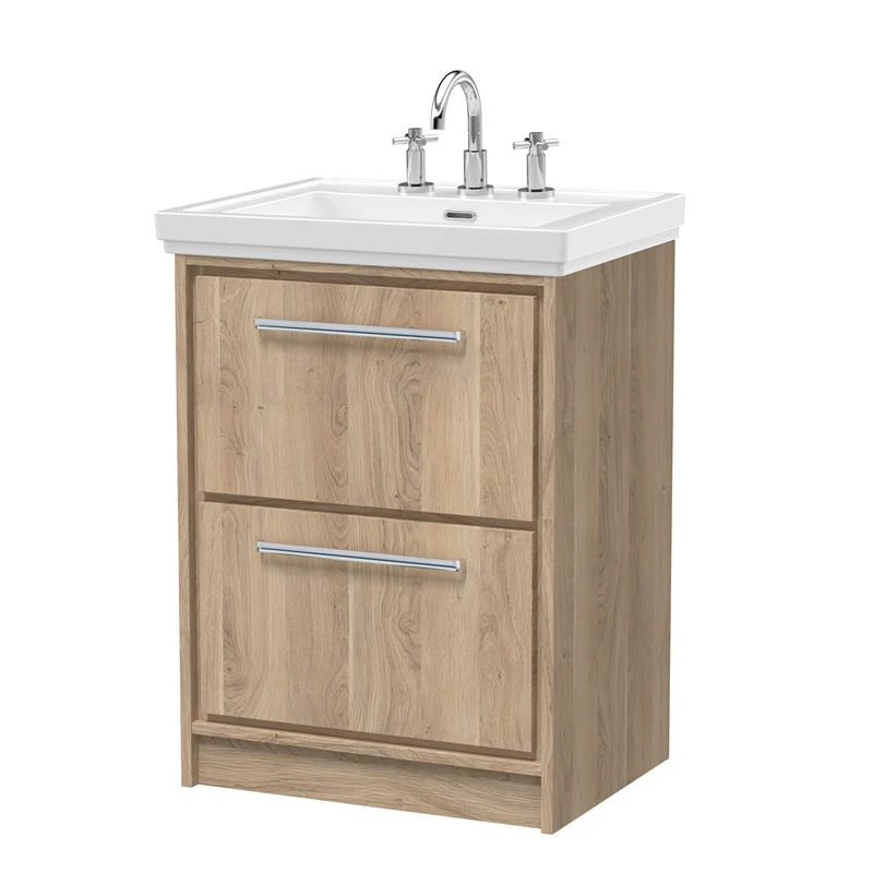 Lille 600mm Floor Standing 2 Drawer Vanity Unit & Traditional Fireclay Basin With 3 Tap Holes - Bleached Oak Woodgrain