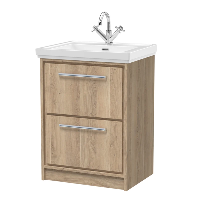 Lille 600mm Floor Standing 2 Drawer Vanity Unit & Traditional Fireclay Basin With 1 Tap Hole - Bleached Oak Woodgrain