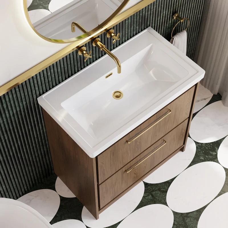 Lille 800mm Floor Standing 2 Drawer Vanity Unit & Traditional Fireclay Basin With No Tap Holes - Antique Oak Woodgrain