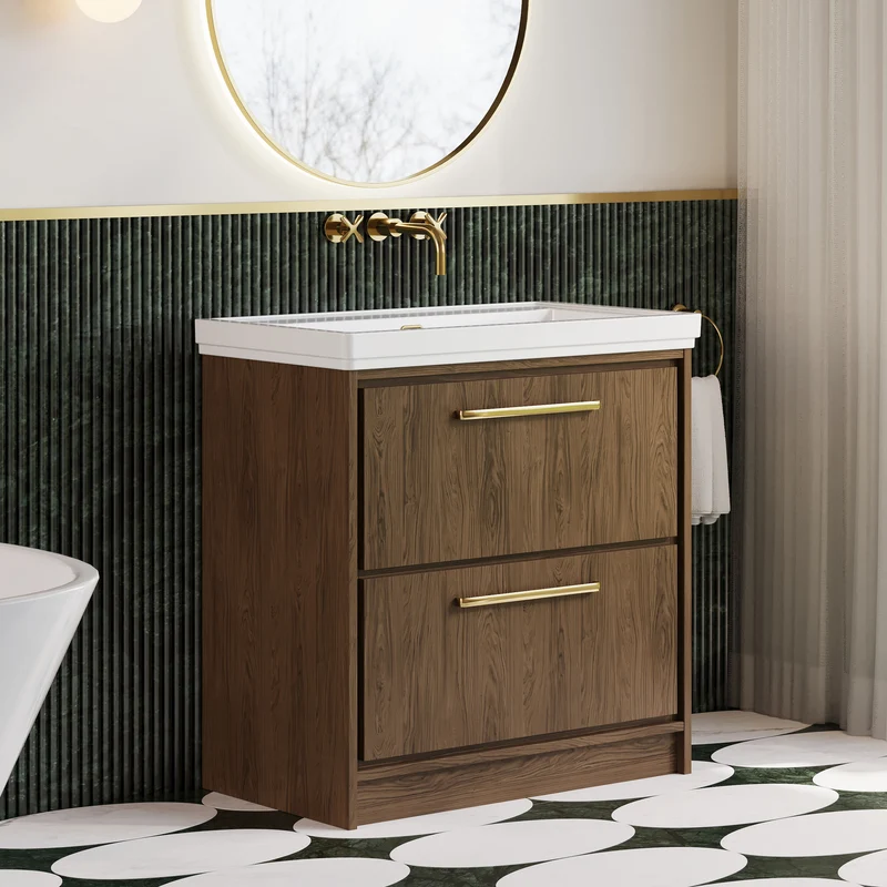 Lille 800mm Floor Standing 2 Drawer Vanity Unit & Traditional Fireclay Basin With No Tap Holes - Antique Oak Woodgrain