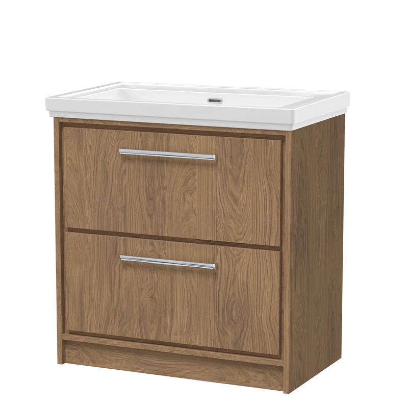 Lille 800mm Floor Standing 2 Drawer Vanity Unit & Traditional Fireclay Basin With No Tap Holes - Antique Oak Woodgrain