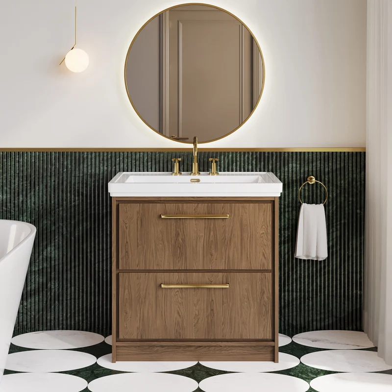 Lille 800mm Floor Standing 2 Drawer Vanity Unit & Traditional Fireclay Basin With 3 Tap Holes - Antique Oak Woodgrain