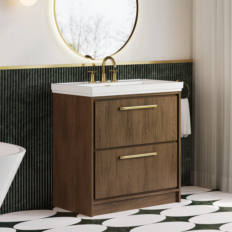 Lille 800mm Floor Standing 2 Drawer Vanity Unit & Traditional Fireclay Basin With 3 Tap Holes - Antique Oak Woodgrain