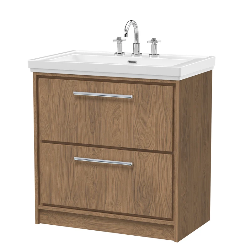 Lille 800mm Floor Standing 2 Drawer Vanity Unit & Traditional Fireclay Basin With 3 Tap Holes - Antique Oak Woodgrain