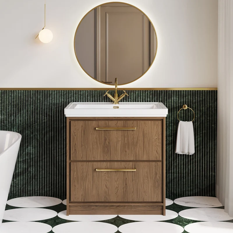 Lille 800mm Floor Standing 2 Drawer Vanity Unit & Traditional Fireclay Basin With 1 Tap Hole - Antique Oak Woodgrain