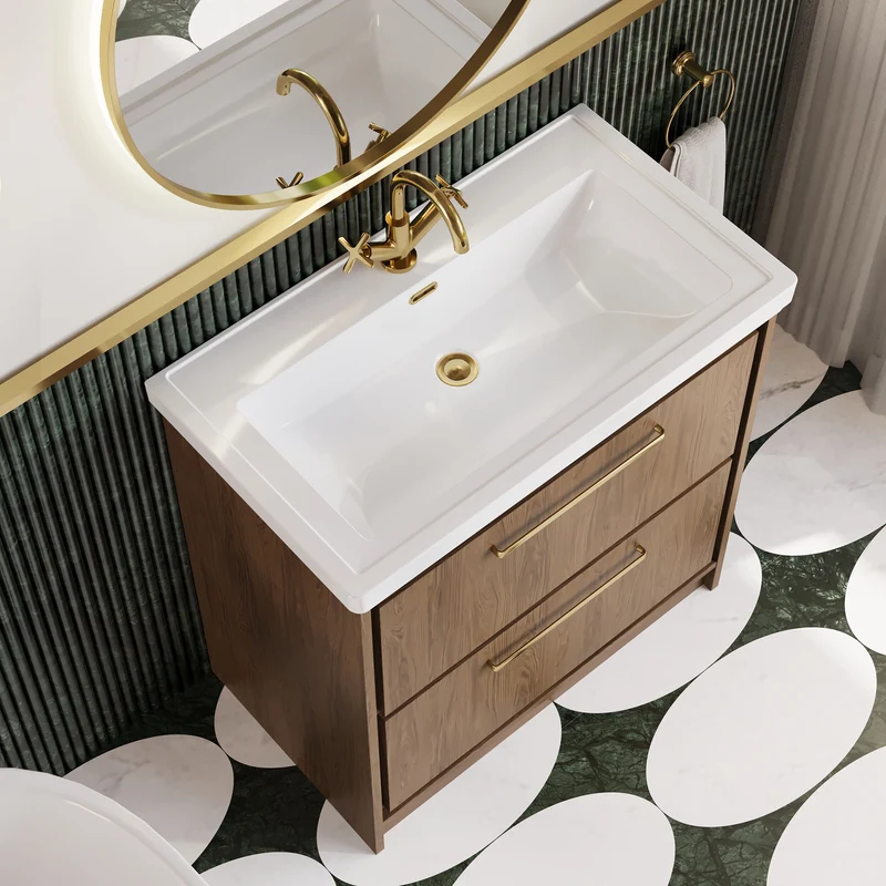 Lille 800mm Floor Standing 2 Drawer Vanity Unit & Traditional Fireclay Basin With 1 Tap Hole - Antique Oak Woodgrain