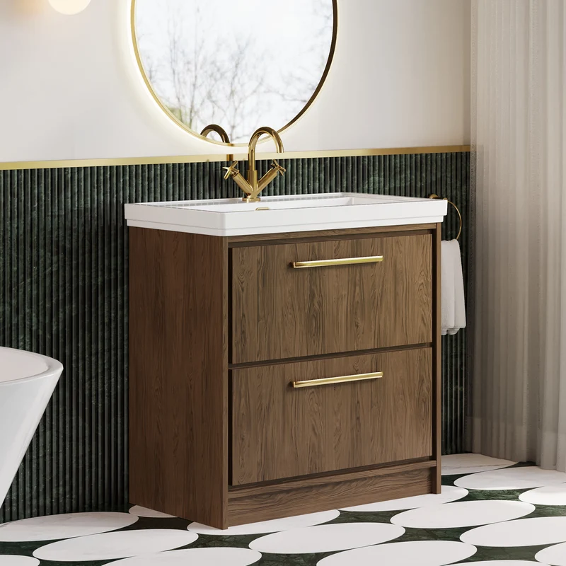 Lille 800mm Floor Standing 2 Drawer Vanity Unit & Traditional Fireclay Basin With 1 Tap Hole - Antique Oak Woodgrain