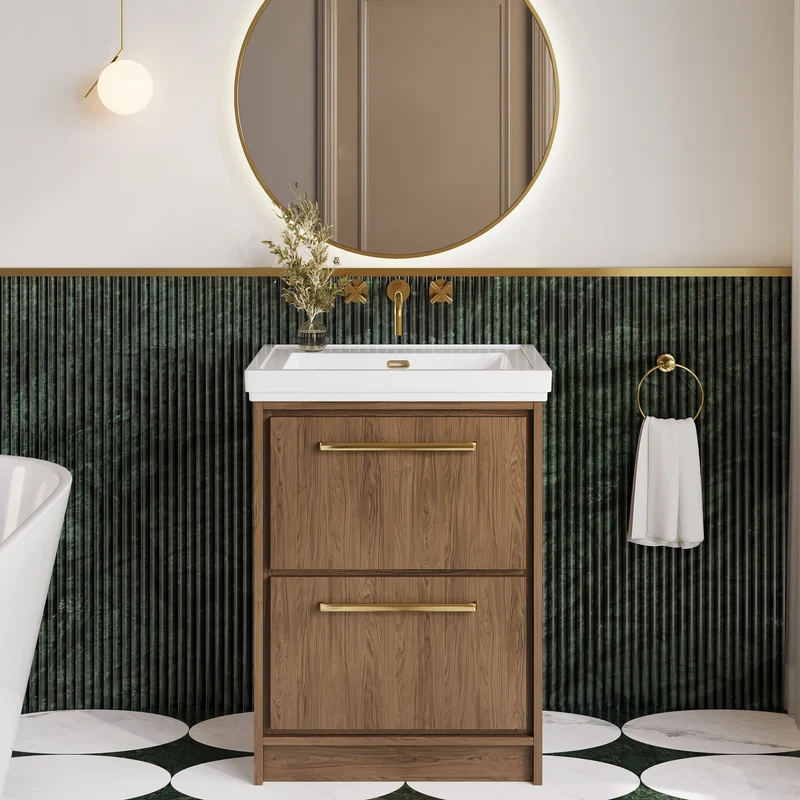 Lille 600mm Floor Standing 2 Drawer Vanity Unit & Traditional Fireclay Basin With No Tap Holes - Antique Oak Woodgrain