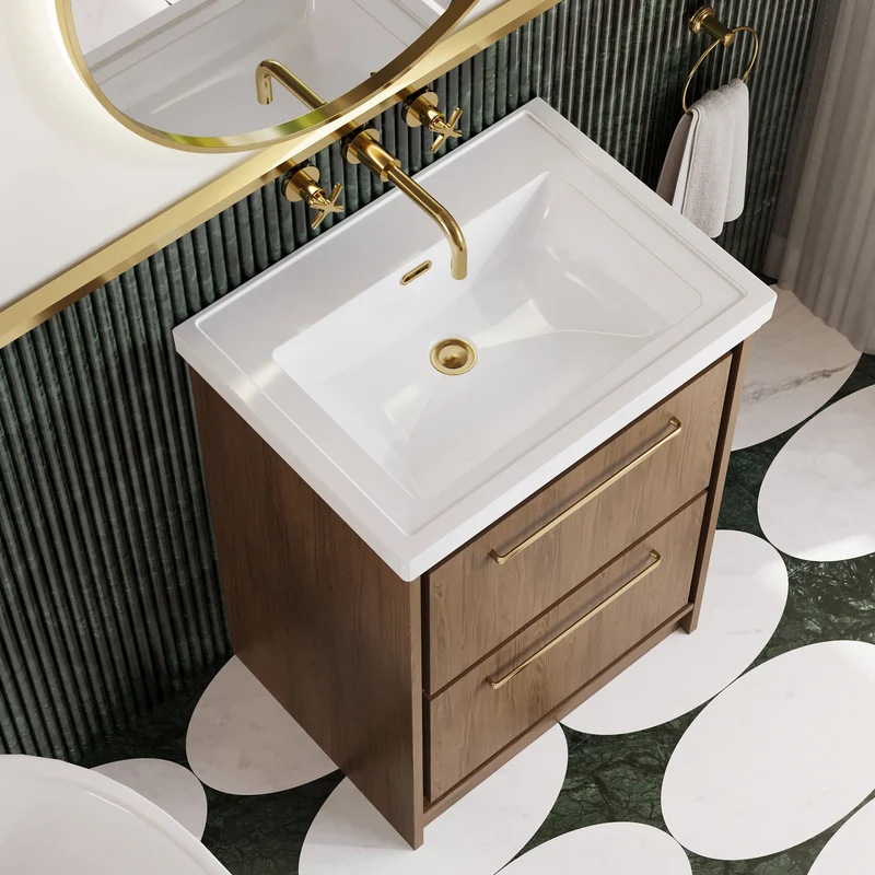 Lille 600mm Floor Standing 2 Drawer Vanity Unit & Traditional Fireclay Basin With No Tap Holes - Antique Oak Woodgrain