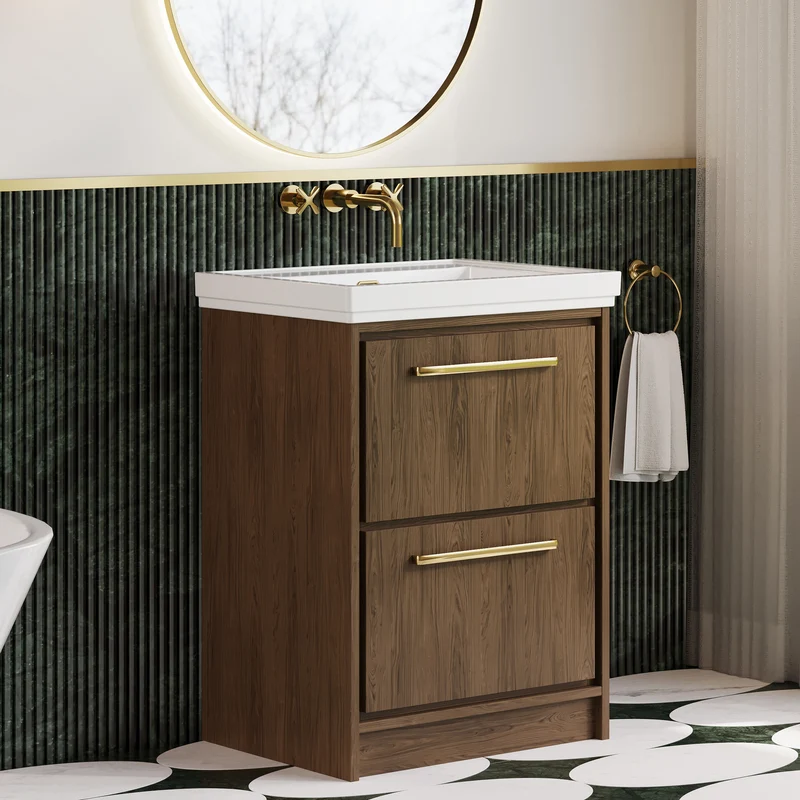 Lille 600mm Floor Standing 2 Drawer Vanity Unit & Traditional Fireclay Basin With No Tap Holes - Antique Oak Woodgrain