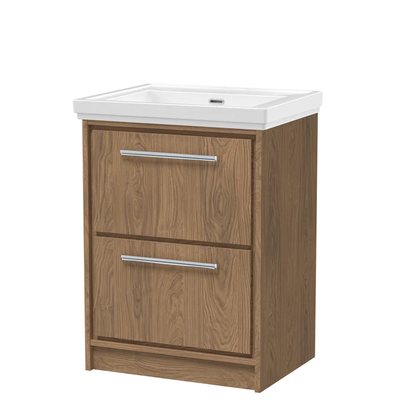 Lille 600mm Floor Standing 2 Drawer Vanity Unit & Traditional Fireclay Basin With No Tap Holes - Antique Oak Woodgrain