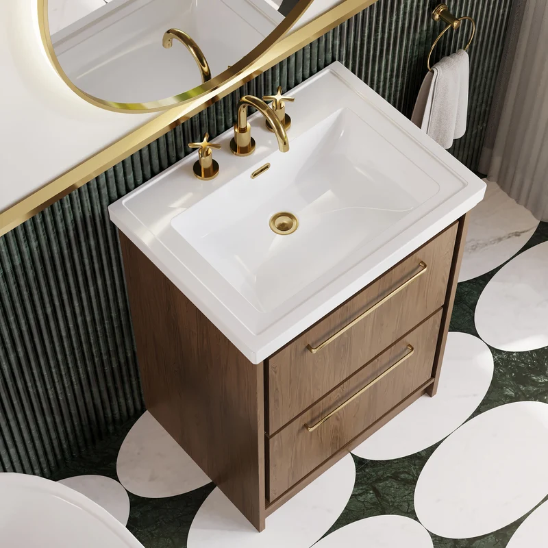Lille 600mm Floor Standing 2 Drawer Vanity Unit & Traditional Fireclay Basin With 3 Tap Holes - Antique Oak Woodgrain