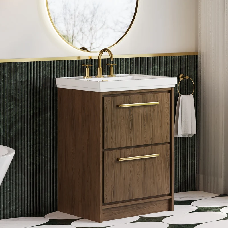 Lille 600mm Floor Standing 2 Drawer Vanity Unit & Traditional Fireclay Basin With 3 Tap Holes - Antique Oak Woodgrain
