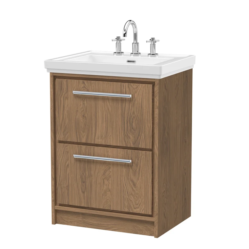Lille 600mm Floor Standing 2 Drawer Vanity Unit & Traditional Fireclay Basin With 3 Tap Holes - Antique Oak Woodgrain