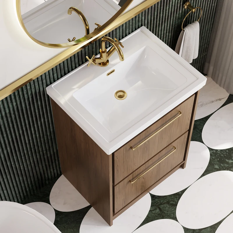 Lille 600mm Floor Standing 2 Drawer Vanity Unit & Traditional Fireclay Basin With 1 Tap Hole - Antique Oak Woodgrain