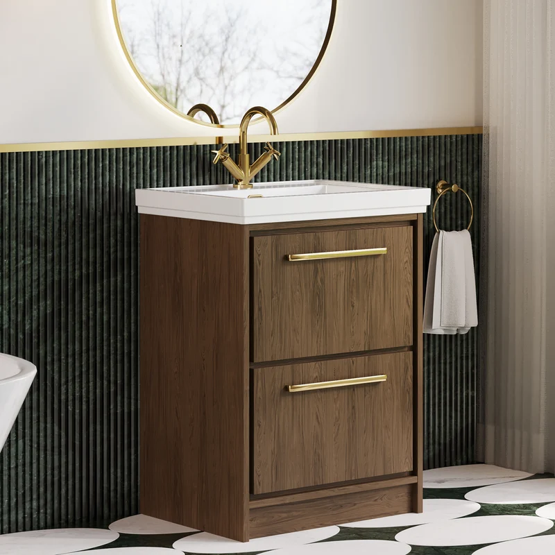 Lille 600mm Floor Standing 2 Drawer Vanity Unit & Traditional Fireclay Basin With 1 Tap Hole - Antique Oak Woodgrain