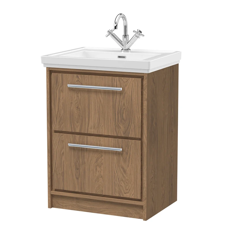 Lille 600mm Floor Standing 2 Drawer Vanity Unit & Traditional Fireclay Basin With 1 Tap Hole - Antique Oak Woodgrain