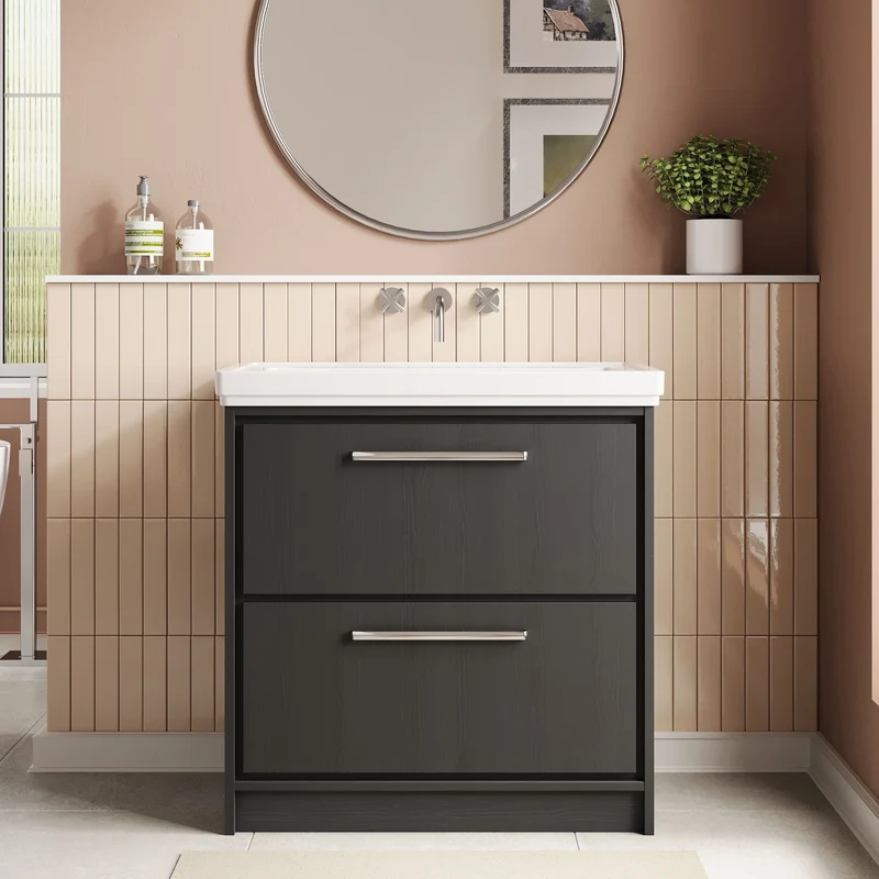 Lille 800mm Floor Standing 2 Drawer Vanity Unit & Traditional Fireclay Basin With No Tap Holes - Graphite Grey Woodgrain