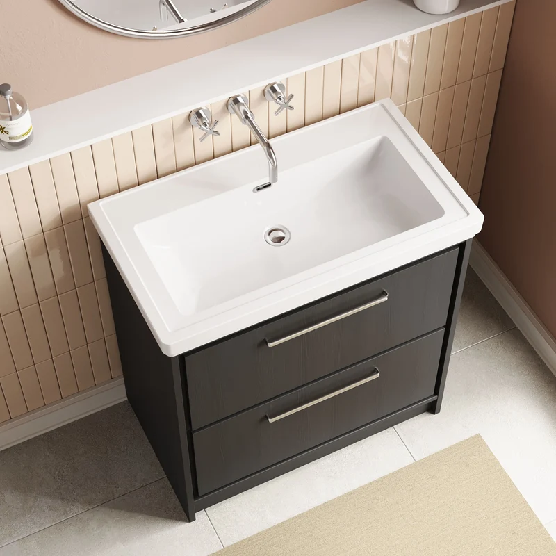 Lille 800mm Floor Standing 2 Drawer Vanity Unit & Traditional Fireclay Basin With No Tap Holes - Graphite Grey Woodgrain