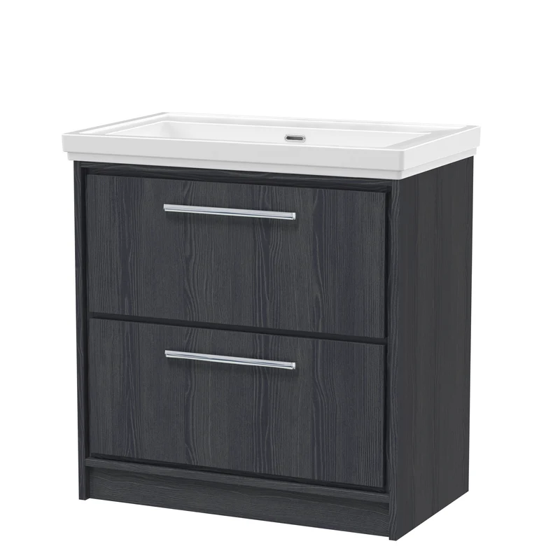 Lille 800mm Floor Standing 2 Drawer Vanity Unit & Traditional Fireclay Basin With No Tap Holes - Graphite Grey Woodgrain