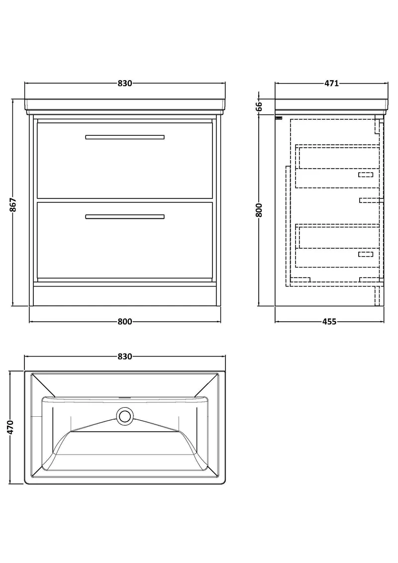 Lille 800mm Floor Standing 2 Drawer Vanity Unit & Traditional Fireclay Basin With No Tap Holes - Graphite Grey Woodgrain