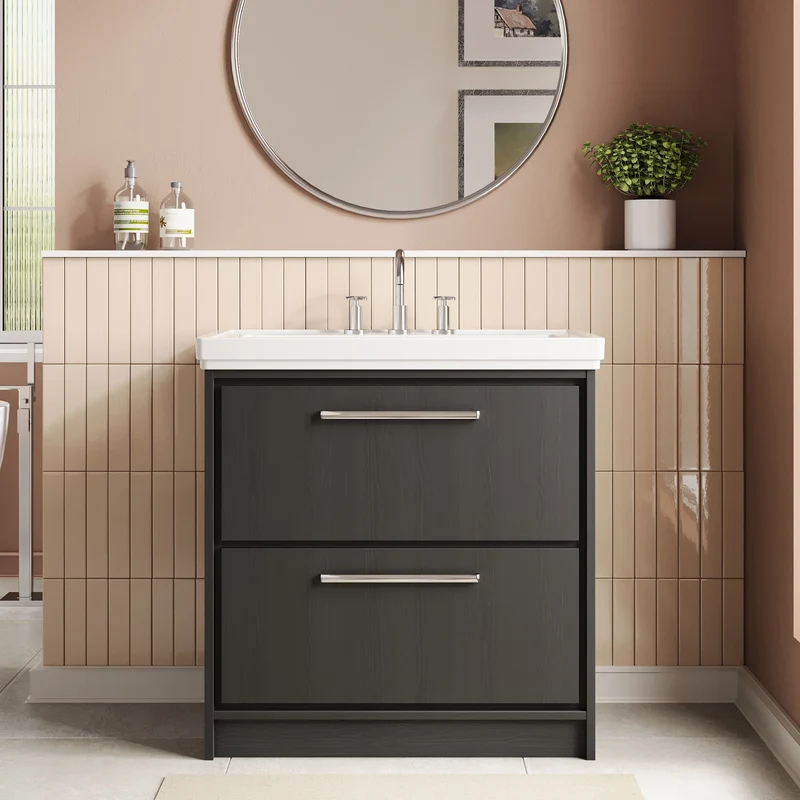 Lille 800mm Floor Standing 2 Drawer Vanity Unit & Traditional Fireclay Basin With 3 Tap Holes - Graphite Grey Woodgrain