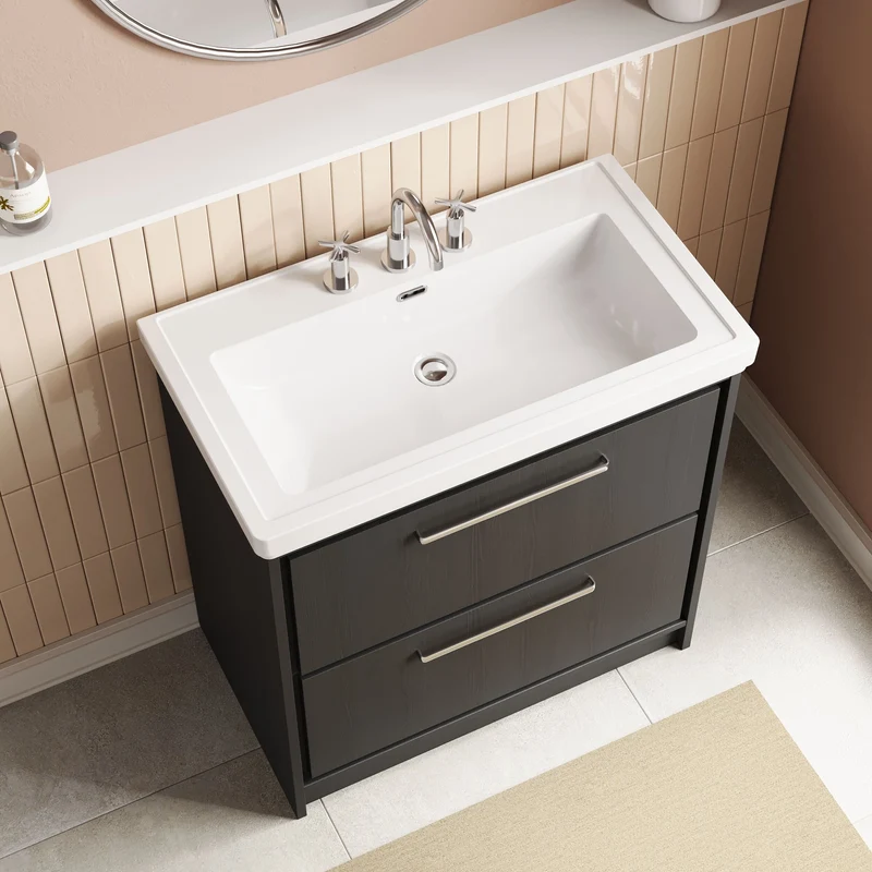 Lille 800mm Floor Standing 2 Drawer Vanity Unit & Traditional Fireclay Basin With 3 Tap Holes - Graphite Grey Woodgrain