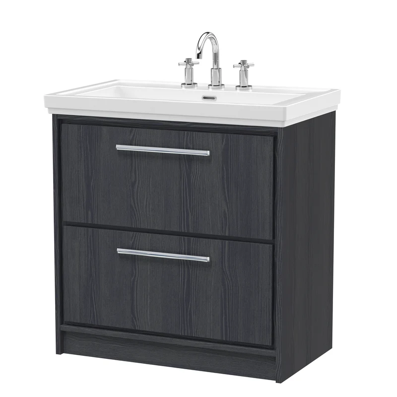Lille 800mm Floor Standing 2 Drawer Vanity Unit & Traditional Fireclay Basin With 3 Tap Holes - Graphite Grey Woodgrain