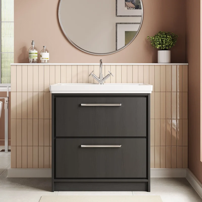Lille 800mm Floor Standing 2 Drawer Vanity Unit & Traditional Fireclay Basin With 1 Tap Hole - Graphite Grey Woodgrain
