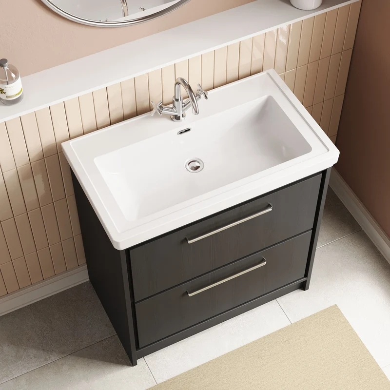 Lille 800mm Floor Standing 2 Drawer Vanity Unit & Traditional Fireclay Basin With 1 Tap Hole - Graphite Grey Woodgrain