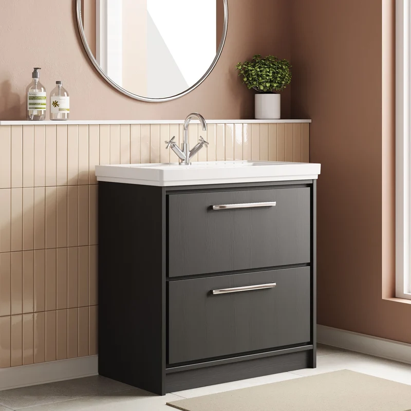 Lille 800mm Floor Standing 2 Drawer Vanity Unit & Traditional Fireclay Basin With 1 Tap Hole - Graphite Grey Woodgrain
