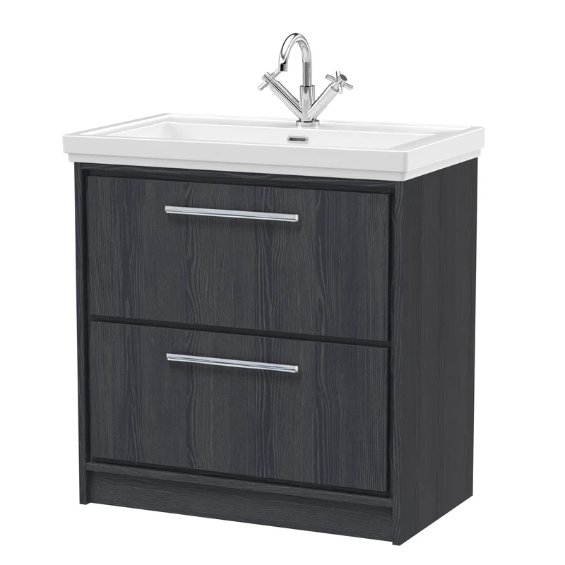 Lille 800mm Floor Standing 2 Drawer Vanity Unit & Traditional Fireclay Basin With 1 Tap Hole - Graphite Grey Woodgrain