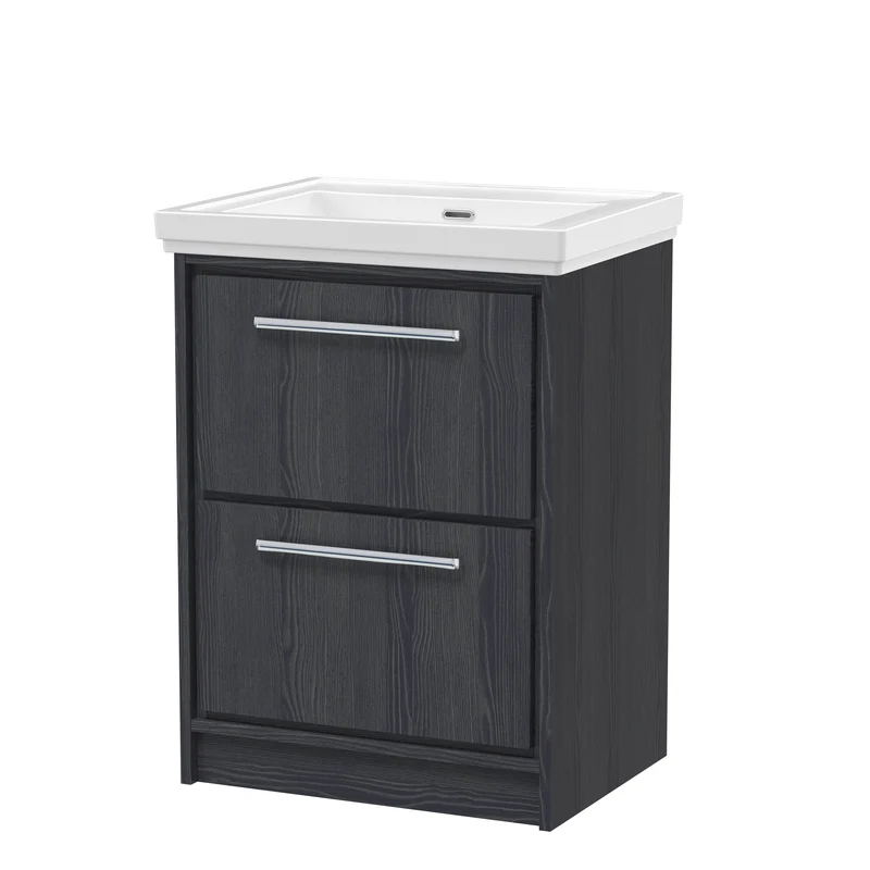 Lille 600mm Floor Standing 2 Drawer Vanity Unit & Traditional Fireclay Basin With No Tap Holes - Graphite Grey Woodgrain
