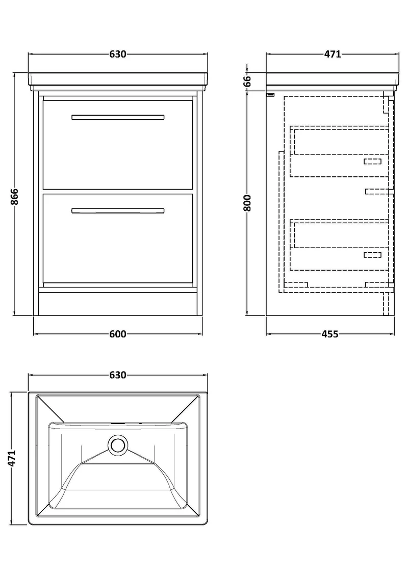 Lille 600mm Floor Standing 2 Drawer Vanity Unit & Traditional Fireclay Basin With No Tap Holes - Graphite Grey Woodgrain