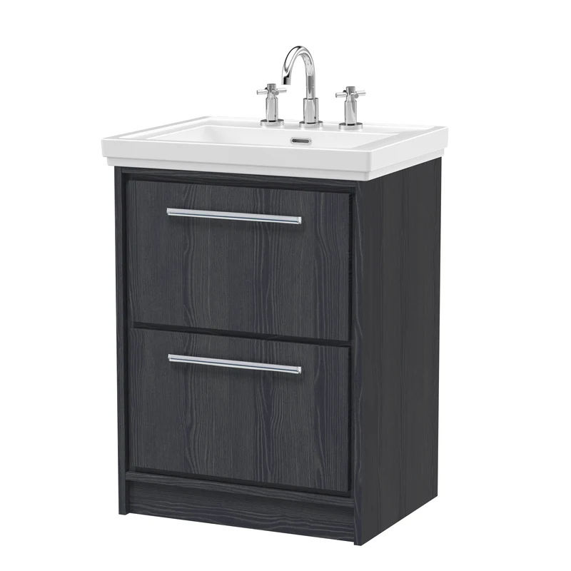 Lille 600mm Floor Standing 2 Drawer Vanity Unit & Traditional Fireclay Basin With 3 Tap Holes - Graphite Grey Woodgrain