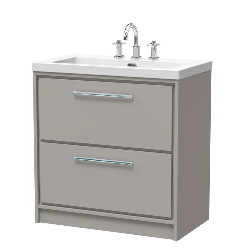 Lille 800mm Floor Standing 2 Drawer Vanity Unit & Modern Fireclay Basin With 3 Tap Holes - Pebble Grey Matt