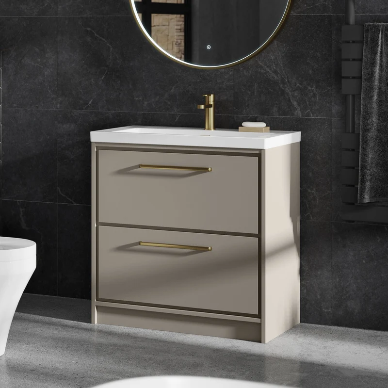 Lille 800mm Floor Standing 2 Drawer Vanity Unit & Modern Fireclay Basin With 1 Tap Hole - Pebble Grey Matt