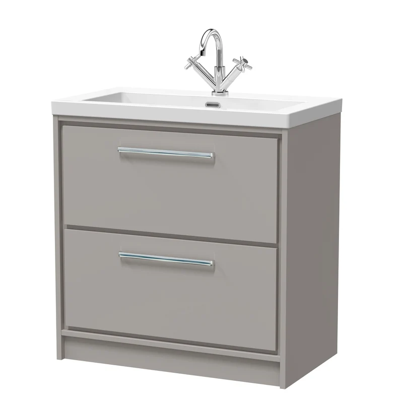 Lille 800mm Floor Standing 2 Drawer Vanity Unit & Modern Fireclay Basin With 1 Tap Hole - Pebble Grey Matt